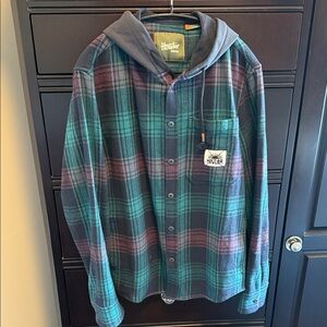 Howler Brothers Hooded Plaid Flannel Shirt in Blue and Green